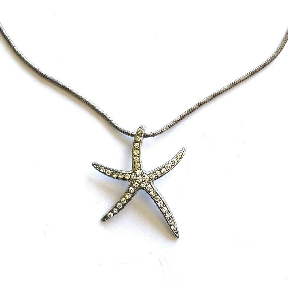 Women Star Fish Rhinestone Pave Pendant Chain Necklace Silver Tone 925 Sterling